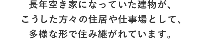 ⻑年空き家になっていた建物が、こうした方々の住居や仕事場として、多様な形で住み継がれています。